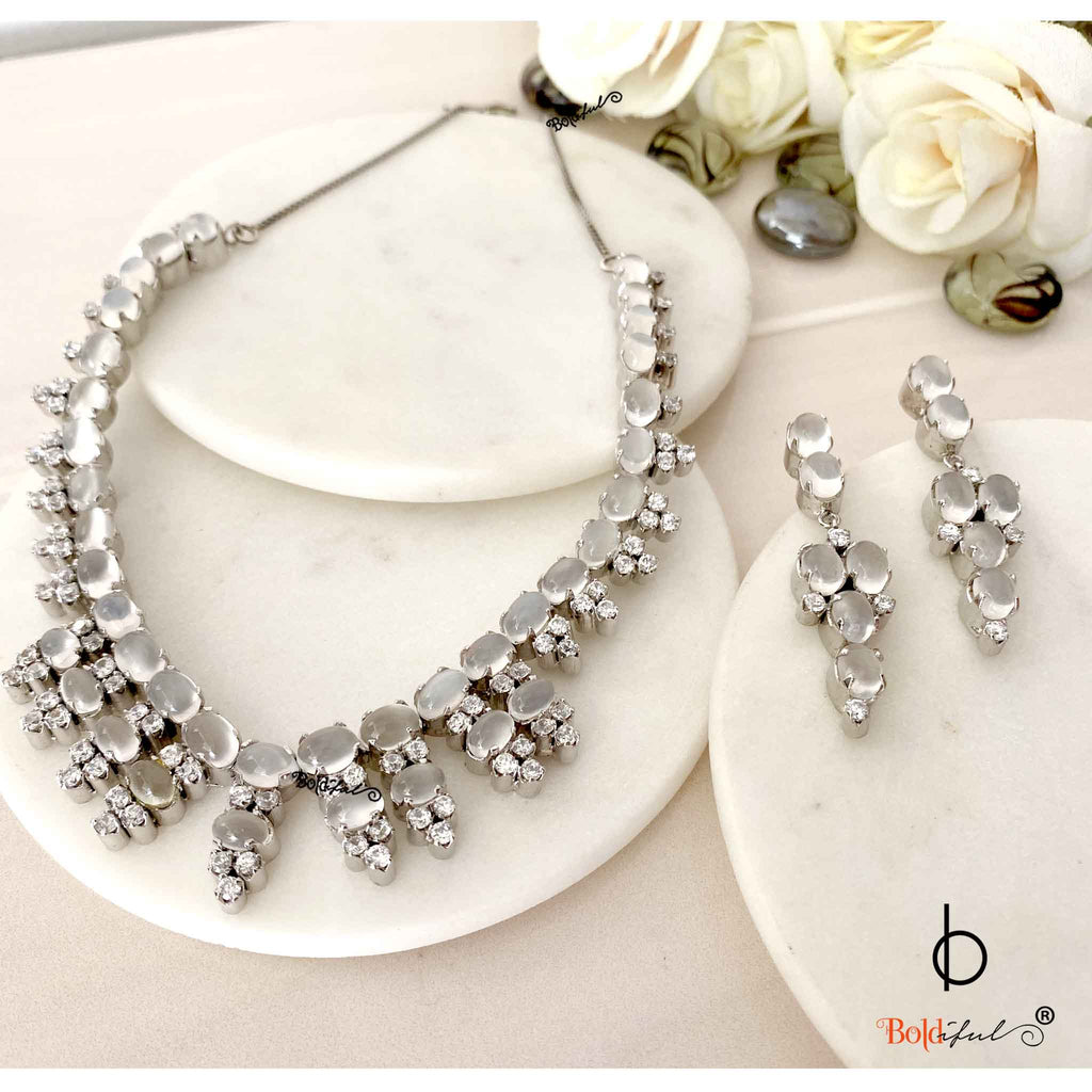 Moonstone Sterling Silver Necklace with Earrings - Boldiful