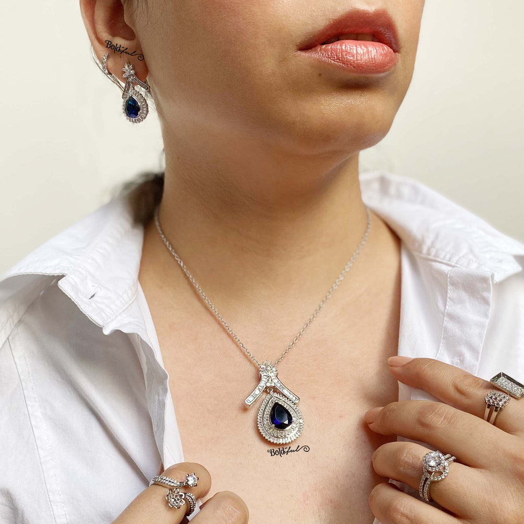 Pear Cut Bluestone Silver Pendant set