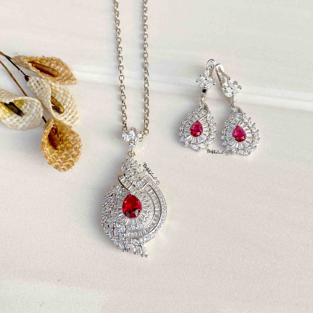 Pear Ruby Pink Pendant Set - Boldiful