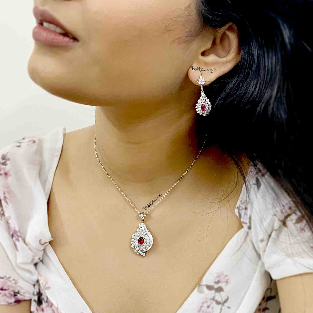 Pear Ruby Pink Pendant Set - Boldiful