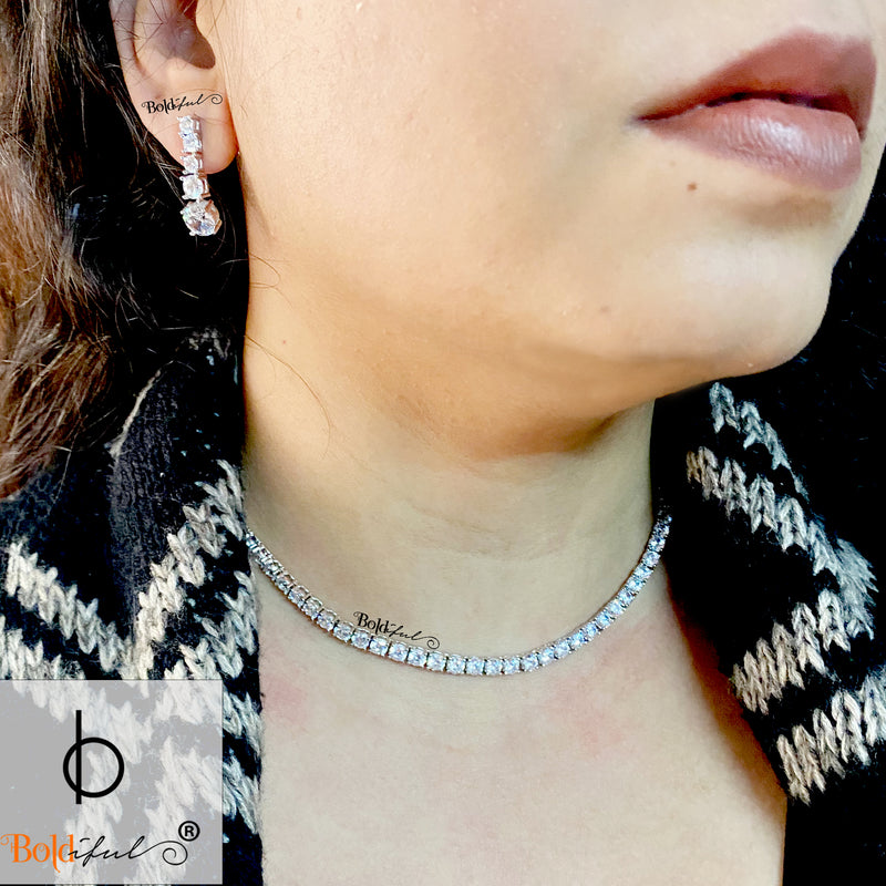 Tennis Silver Necklace with Earrings - Boldiful