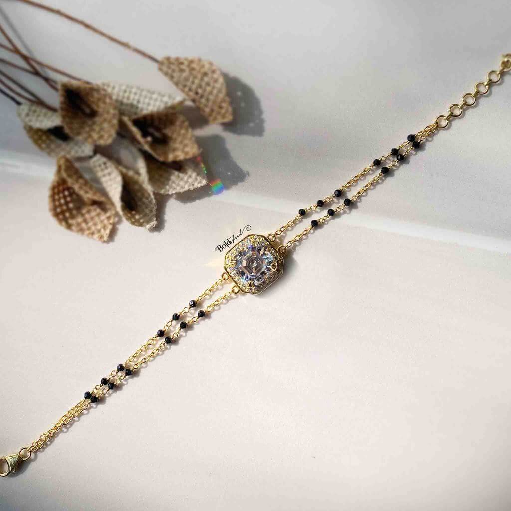 Golden Black Beads Mangalsutra Bracelet with CZ Stones – AryaFashions