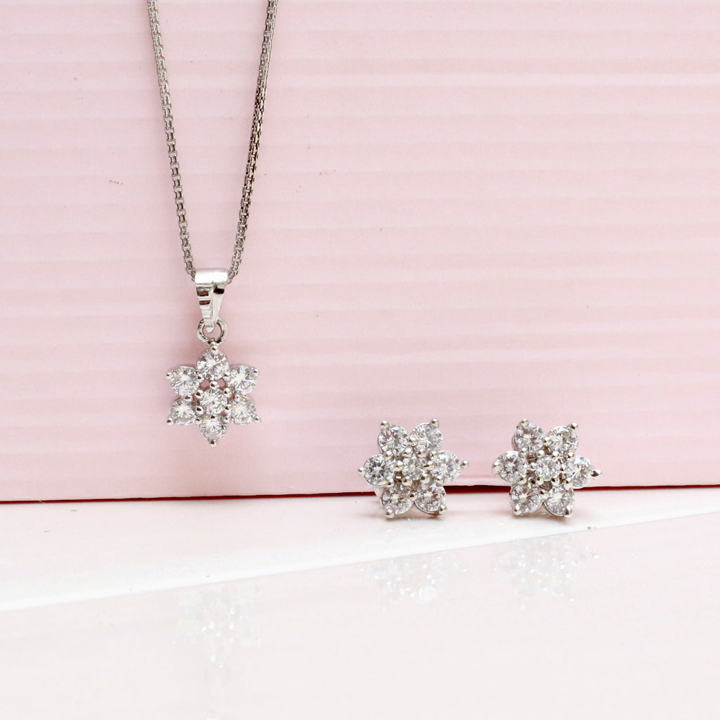 Dainty Flowers Diamond Pendant and Earrings Set