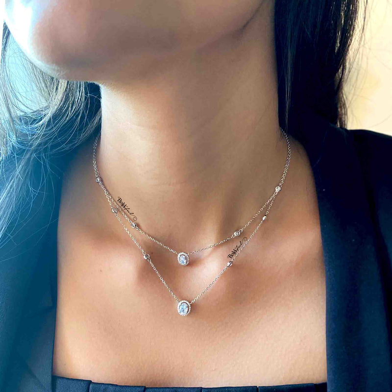  Oval Halo Layered Silver Necklace  - Boldiful