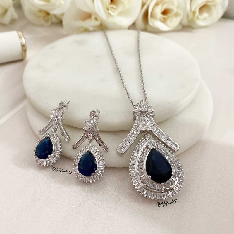 Pear Cut Bluestone Silver Pendant set