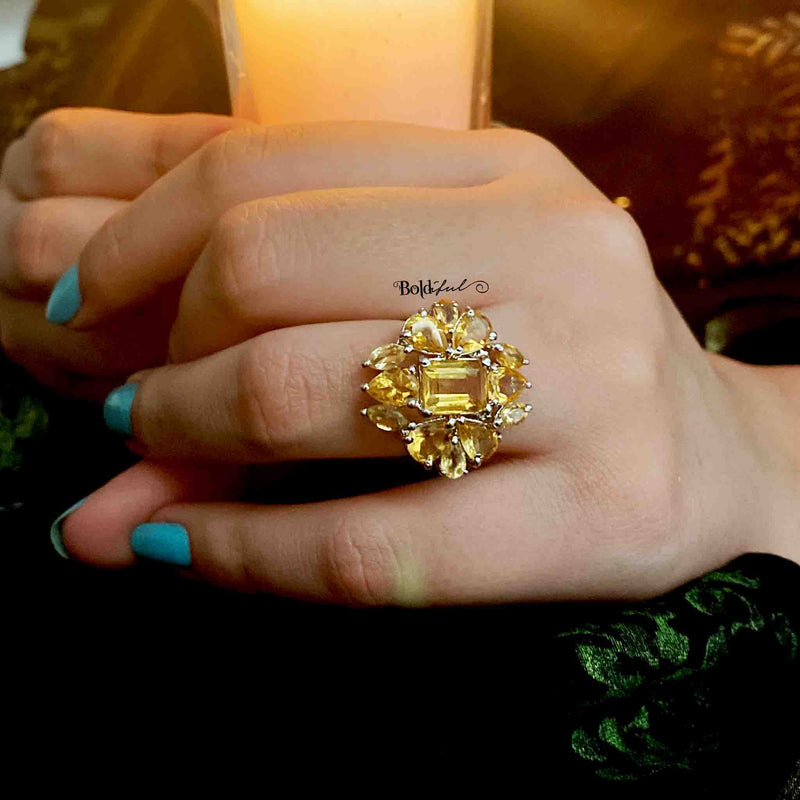 Yellow Citrine Sterling Silver Cocktail Ring - Boldiful